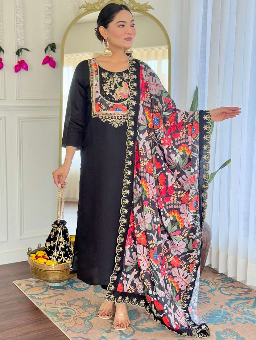 women three quarter sleeve kurta pant with dupatta set