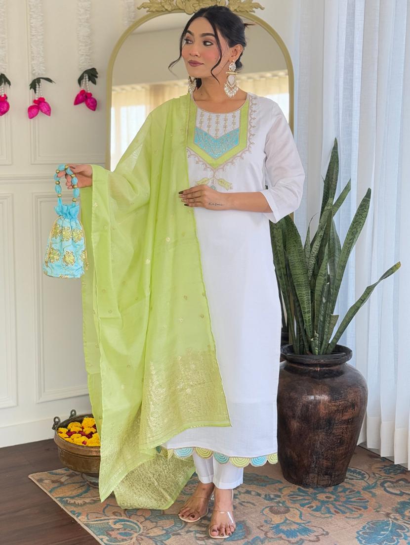 women three quarter sleeve kurta pant with dupatta set - 21961657 - Zoom Image - 0