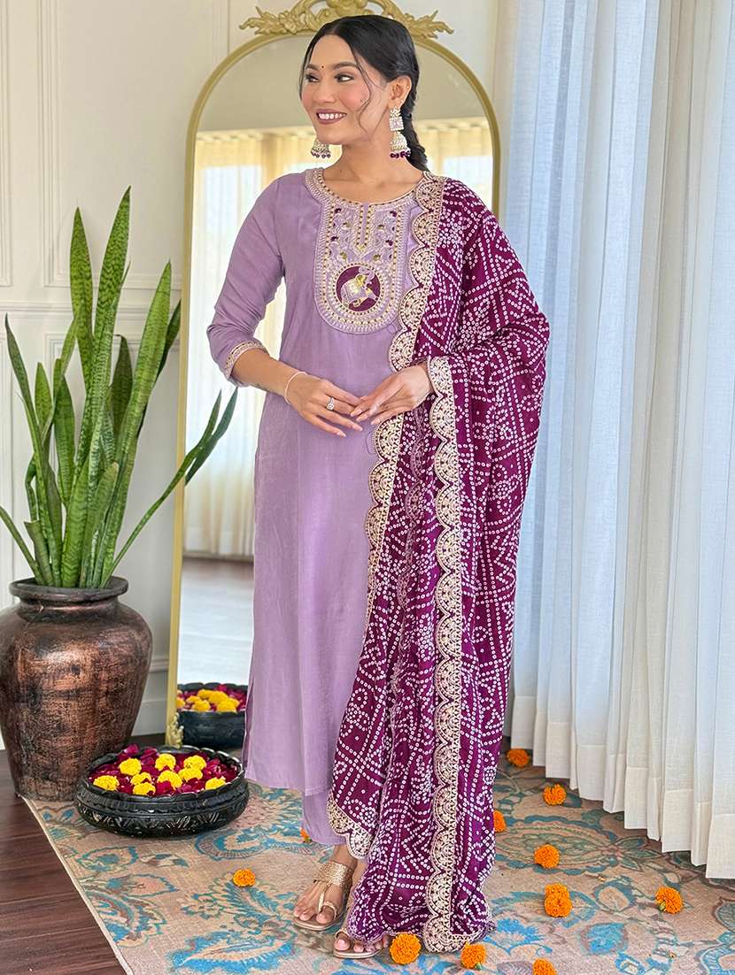 women three quarter sleeve kurta pant with dupatta set