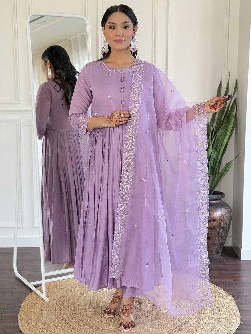 women three quarter sleeve anarkali kurta pant with dupatta set - 21961676 -  Zoom Image - 0