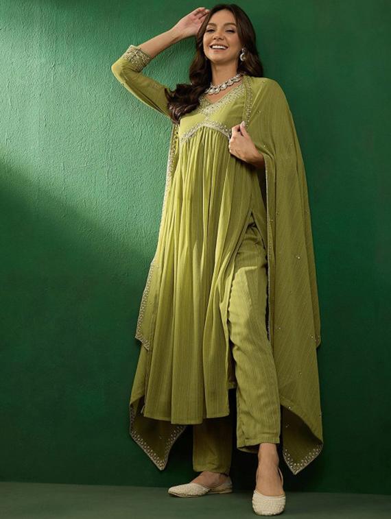 women three quarter sleeve anarkali kurta pant with dupatta set - 21961681 - Zoom Image - 0
