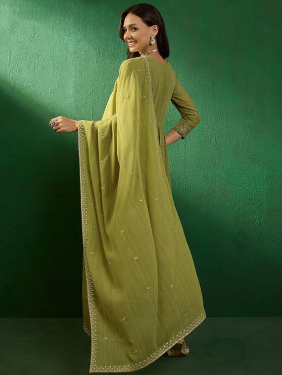 women three quarter sleeve anarkali kurta pant with dupatta set - 21961681 - Standard Image - 3