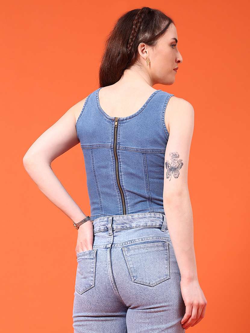 women solid sleeveless denim crop top - 21961779 -  Standard Image - 3