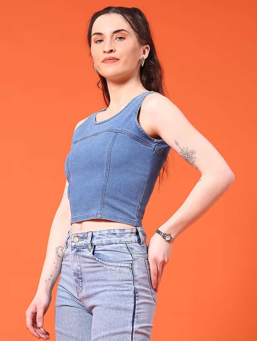 women solid sleeveless denim crop top - 21961779 -  Standard Image - 3