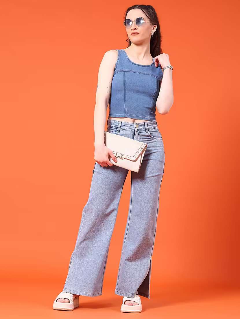 women solid sleeveless denim crop top - 21961779 -  Standard Image - 5