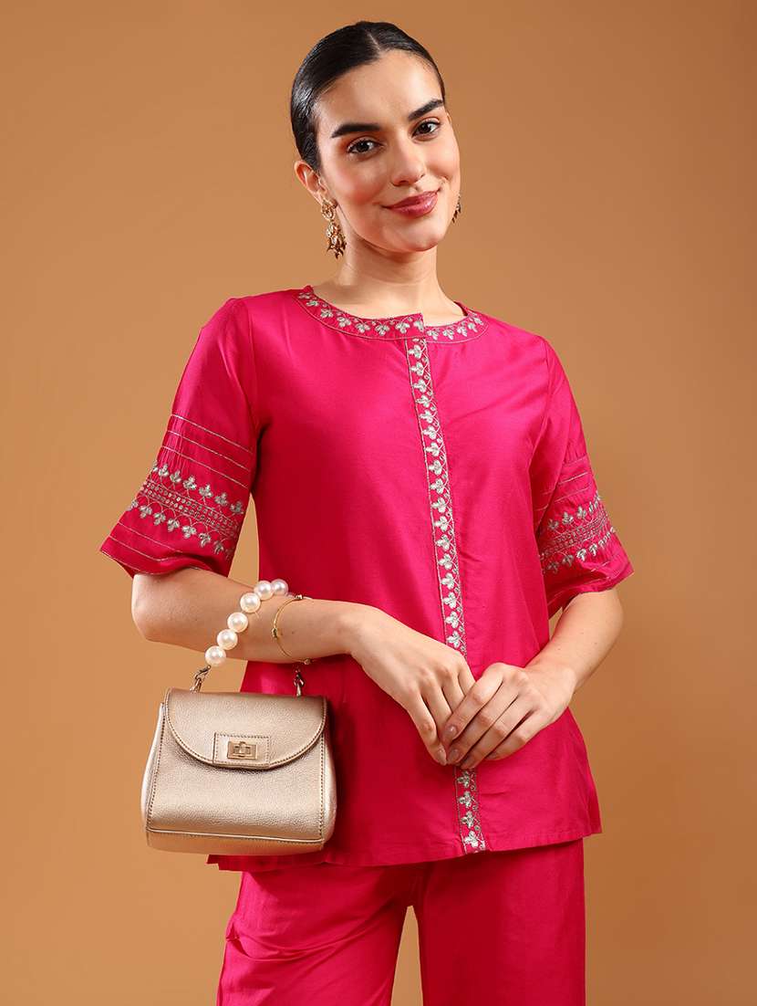 women solid with work short sleeve ethnic co-ord set - 21961843 -  Standard Image - 3