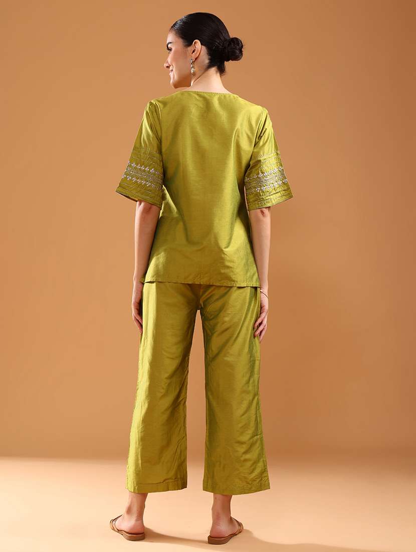 women solid with work short sleeve ethnic co-ord set - 21961844 -  Standard Image - 3