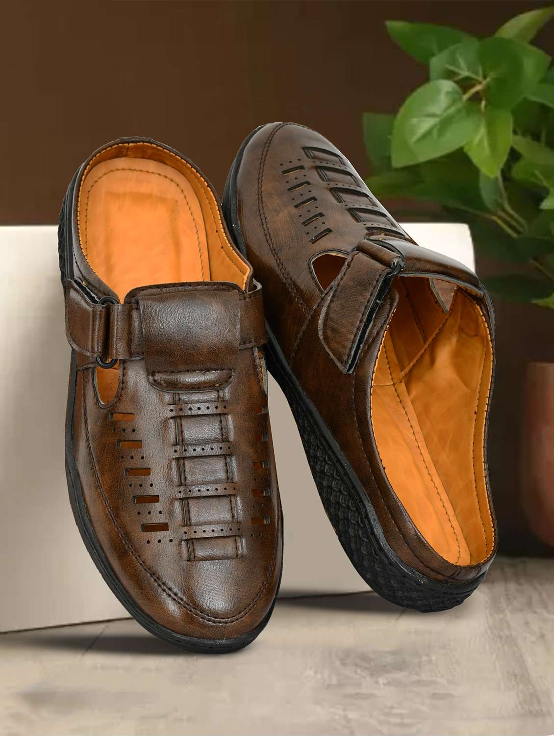 men brown slip on sandal