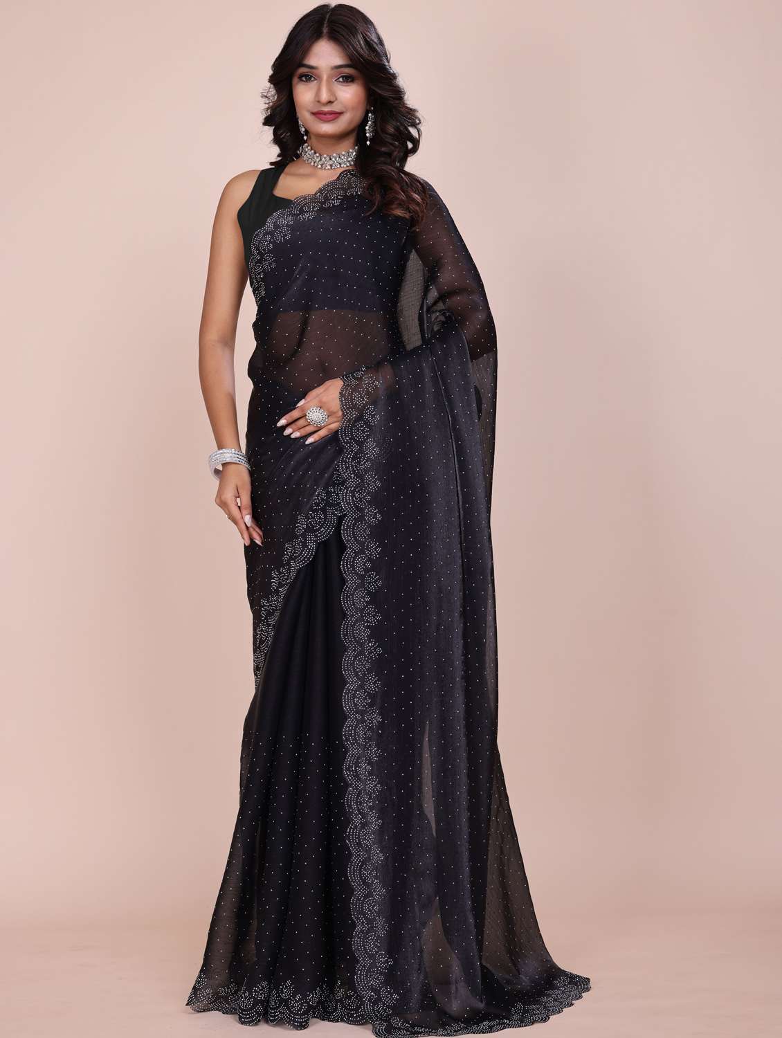 women solid with work embellished saree with blouse - 21962022 - Zoom Image - 0