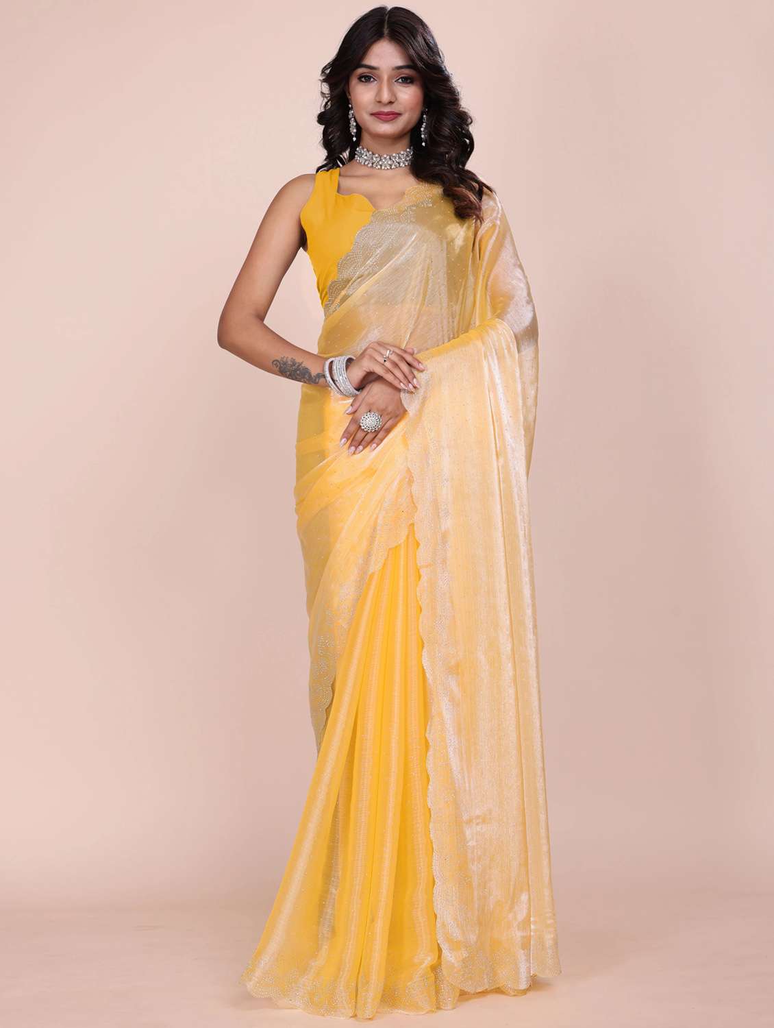 women solid with work embellished saree with blouse