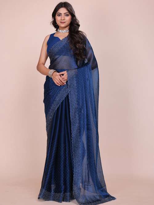 women solid with work embellished saree with blouse - 21962035 - Standard Image - 0