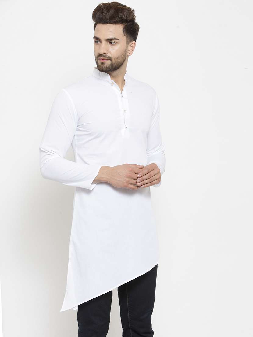 men solid mandarin neck asymmetric kurta - 21962071 - Standard Image - 3