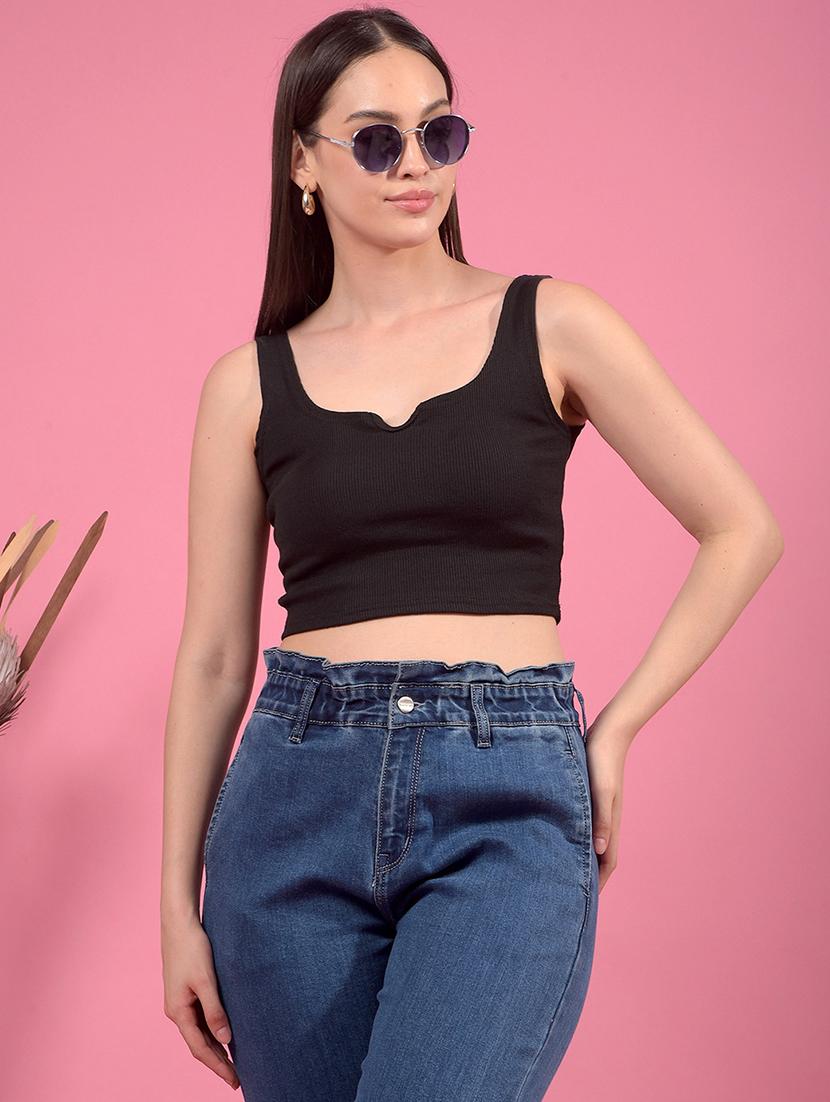 black cotton blend crop top - 21962134 - Zoom Image - 0