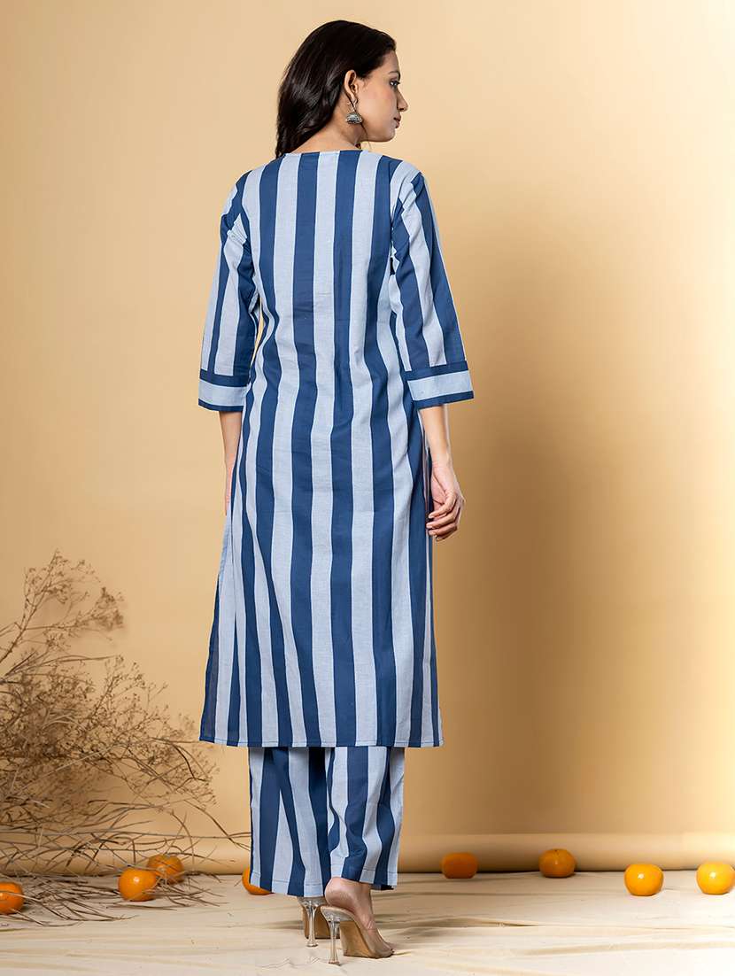 women striped three quarter sleeve kurta pant set - 21962224 -  Standard Image - 3
