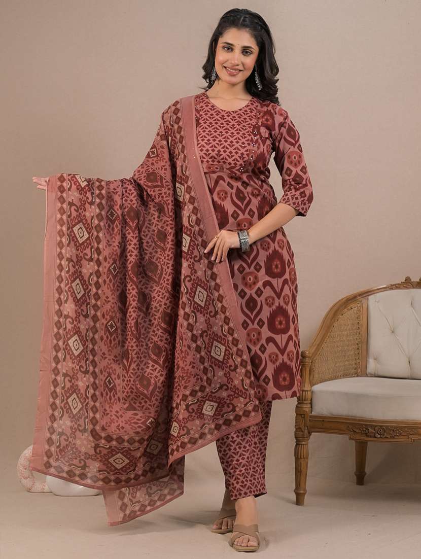 women three quarter sleeve kurta pant with dupatta set