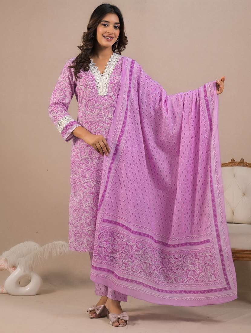 women three quarter sleeve kurta pant with dupatta set - 21962259 -  Zoom Image - 0