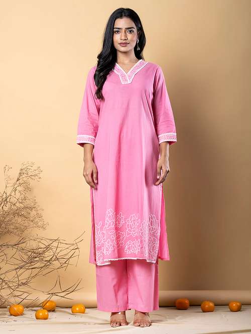 women embroidered three quarter sleeve kurta pant set - 21962289 - Standard Image - 0