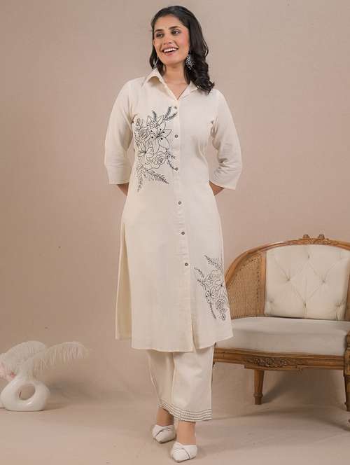 women embroidered three quarter sleeve kurta pant set - 21962324 -  Standard Image - 0
