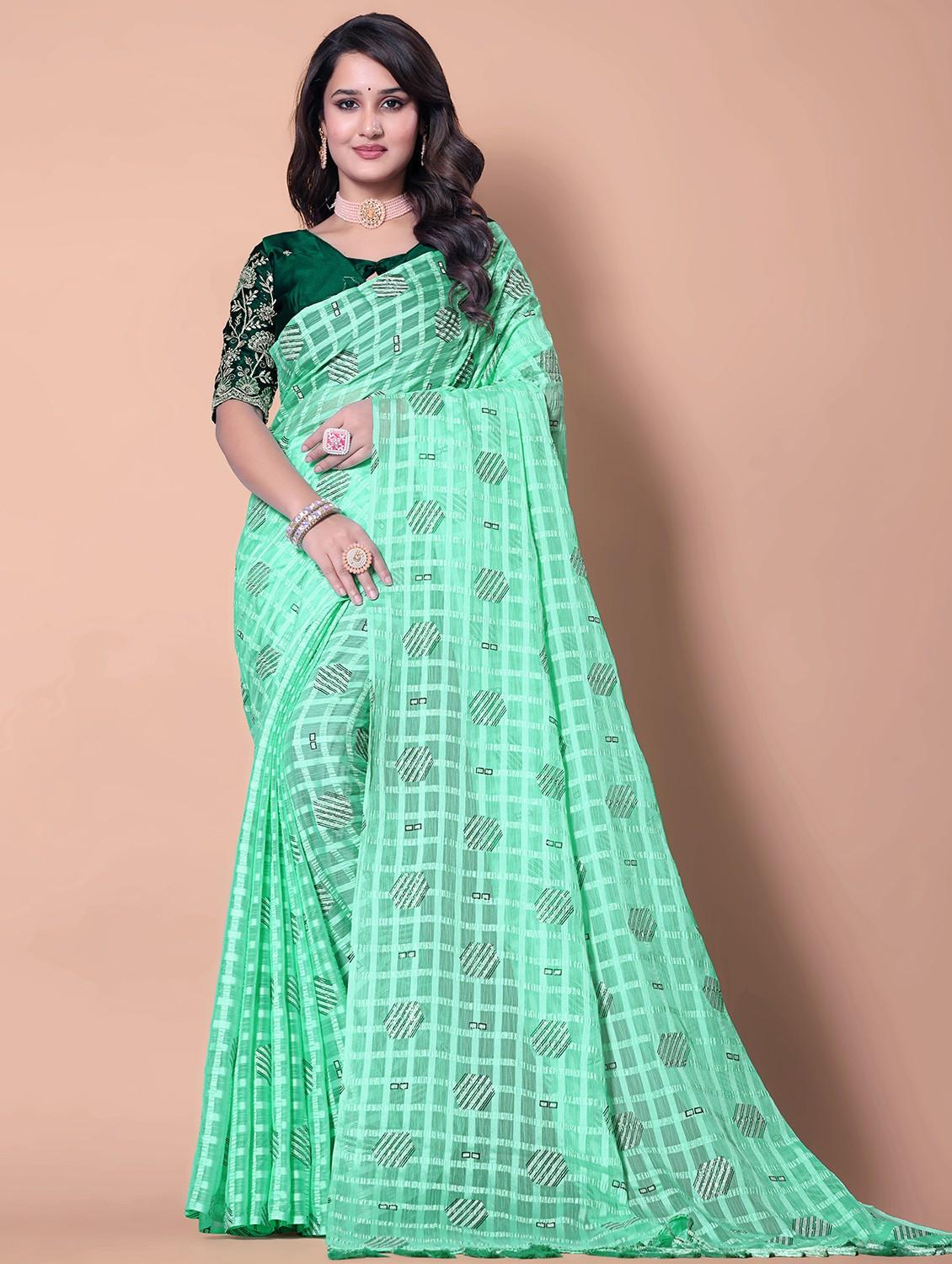 women checkered casual wear saree with blouse - 21962464 - Zoom Image - 0