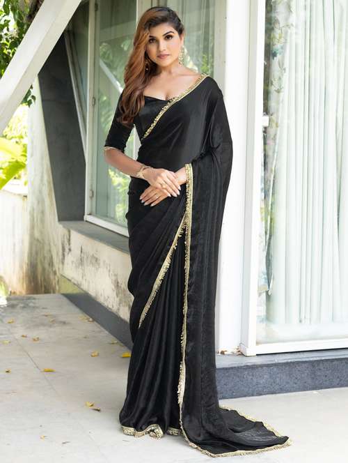 women solid with embellished bordered saree with blouse - 21962546 -  Standard Image - 0