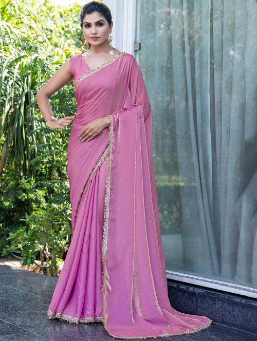 women solid with embellished bordered saree with blouse - 21962550 -  Standard Image - 0