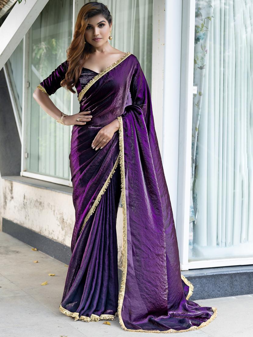 women solid with embellished bordered saree with blouse - 21962551 - Zoom Image - 0