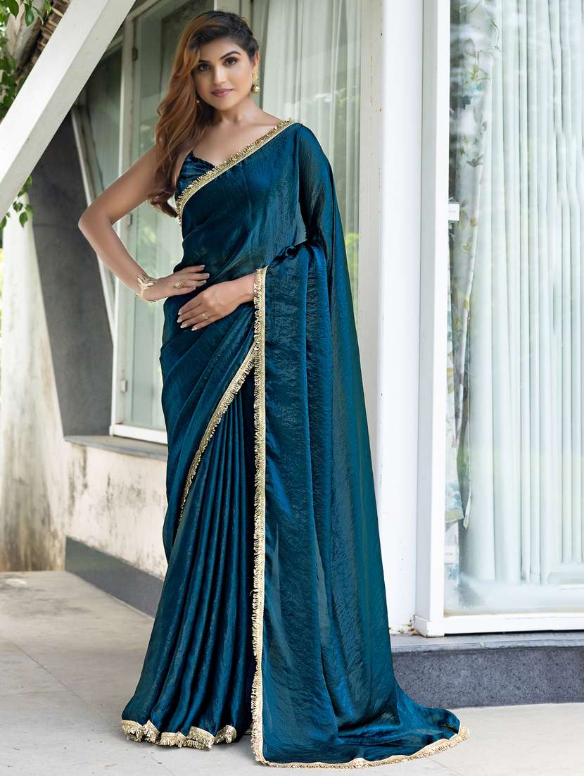women solid with embellished bordered saree with blouse