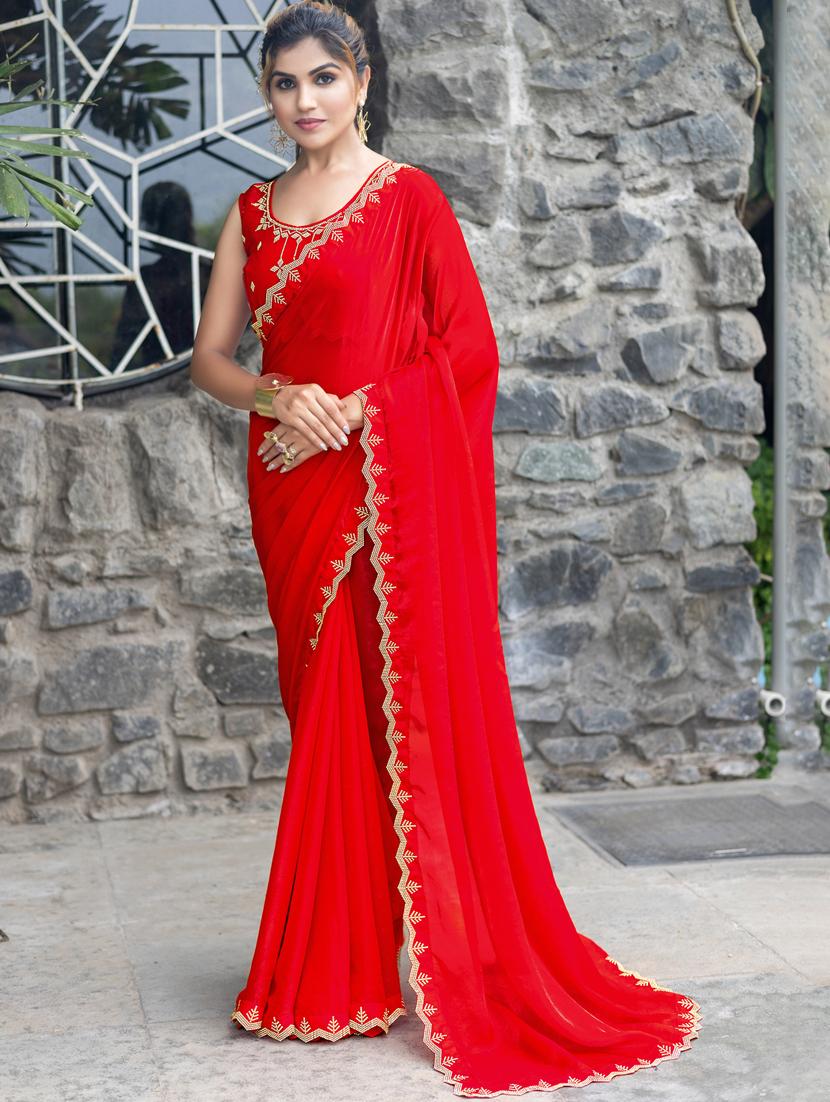 women solid with embellished bordered saree with blouse