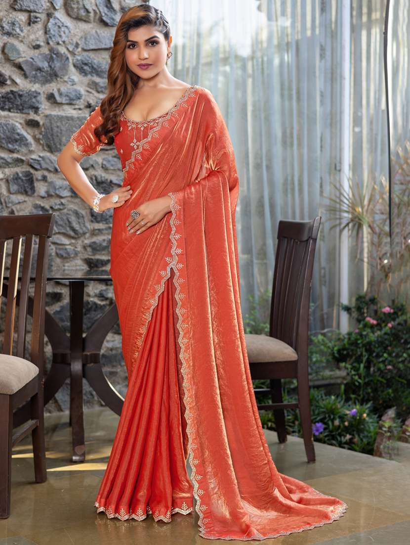 women solid with embellished bordered saree with blouse - 21962567 - Zoom Image - 0