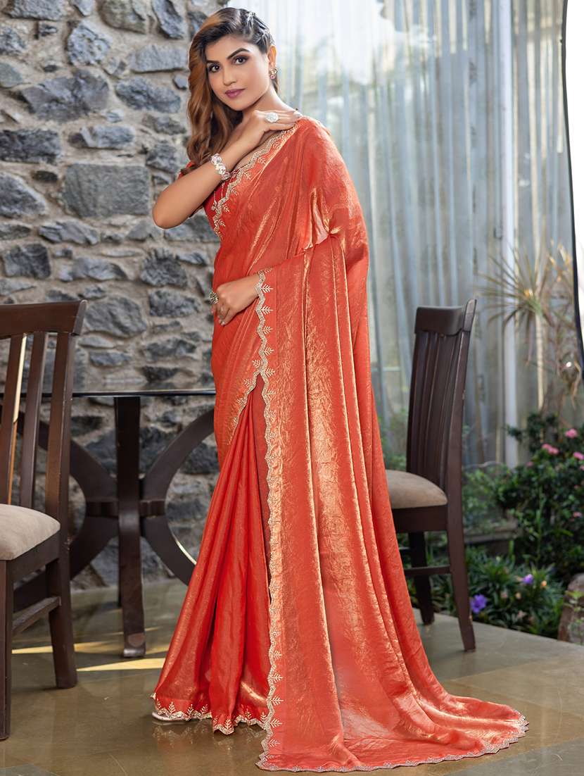 women solid with embellished bordered saree with blouse - 21962567 - Standard Image - 3