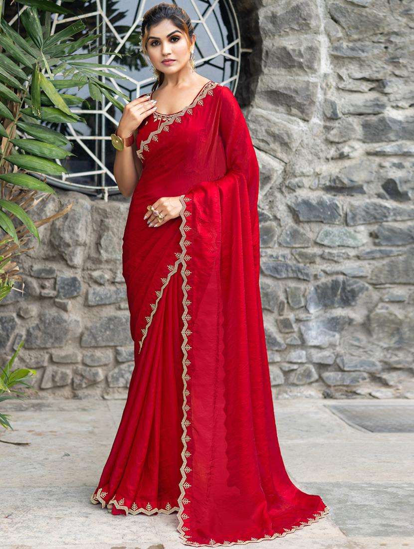 women solid with embellished bordered saree with blouse