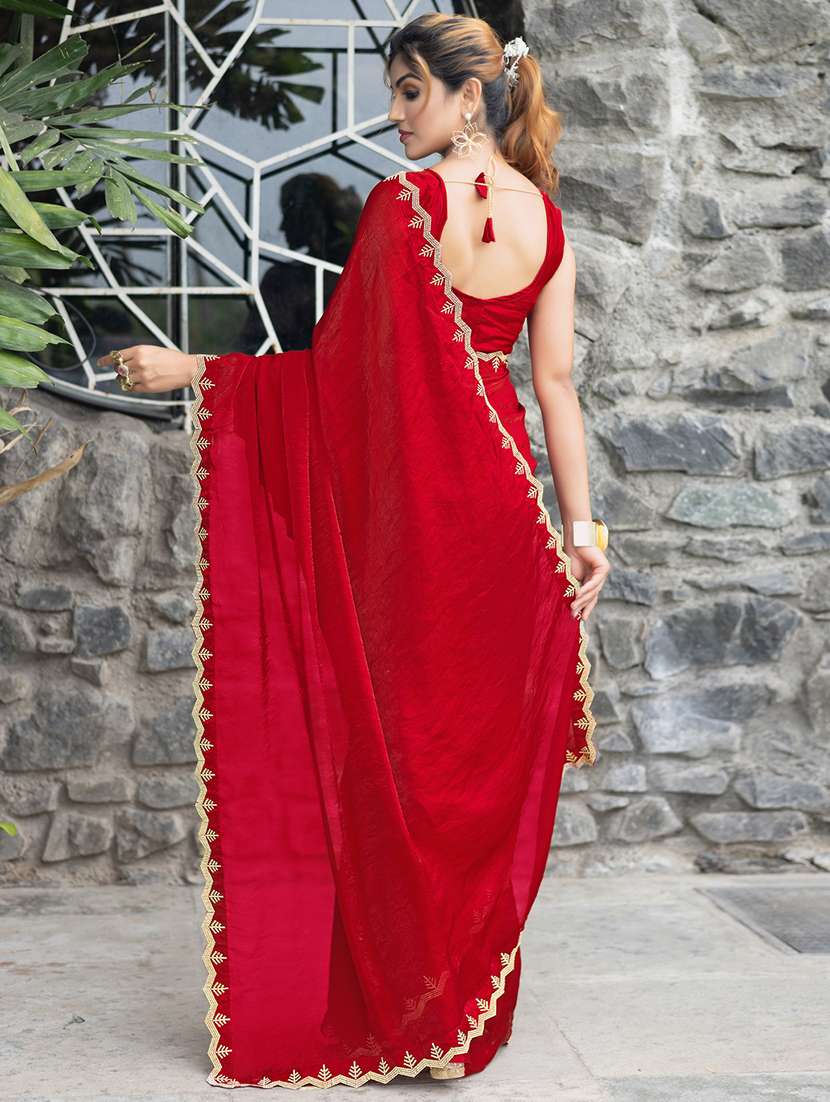 women solid with embellished bordered saree with blouse - 21962571 - Standard Image - 3