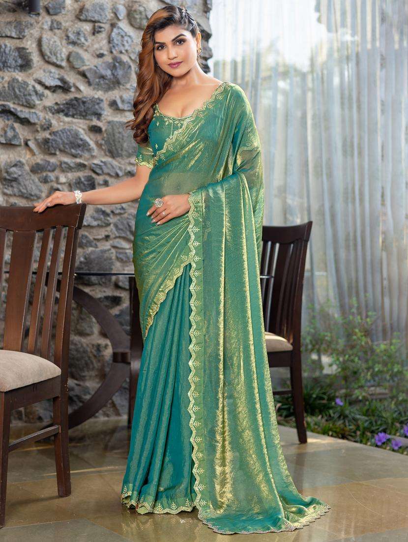 women solid with embellished bordered saree with blouse