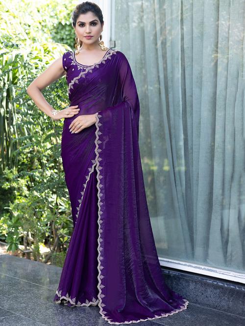 women solid with embellished bordered saree with blouse - 21962574 -  Standard Image - 0