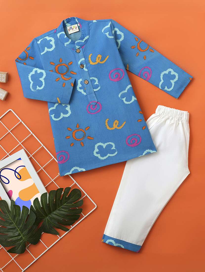 boys printed long sleeve kurta & pyjama set