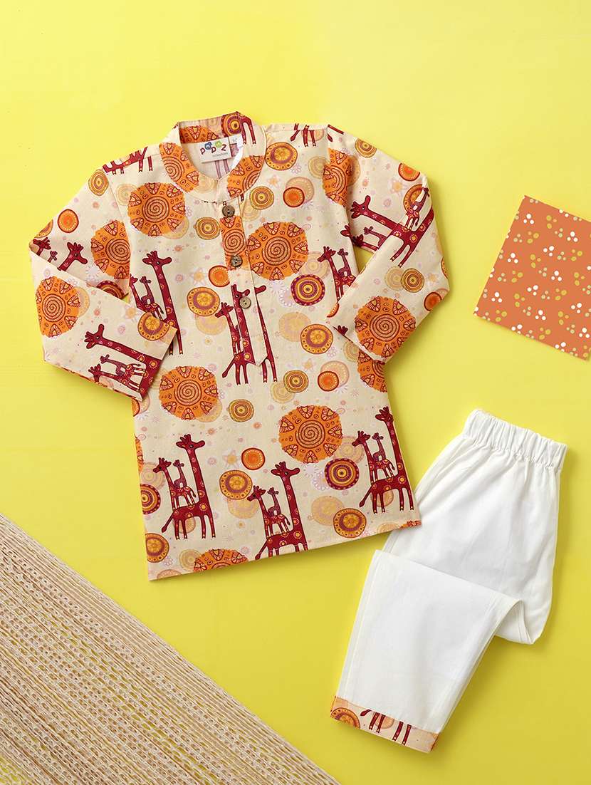 boys printed long sleeve kurta & pyjama set