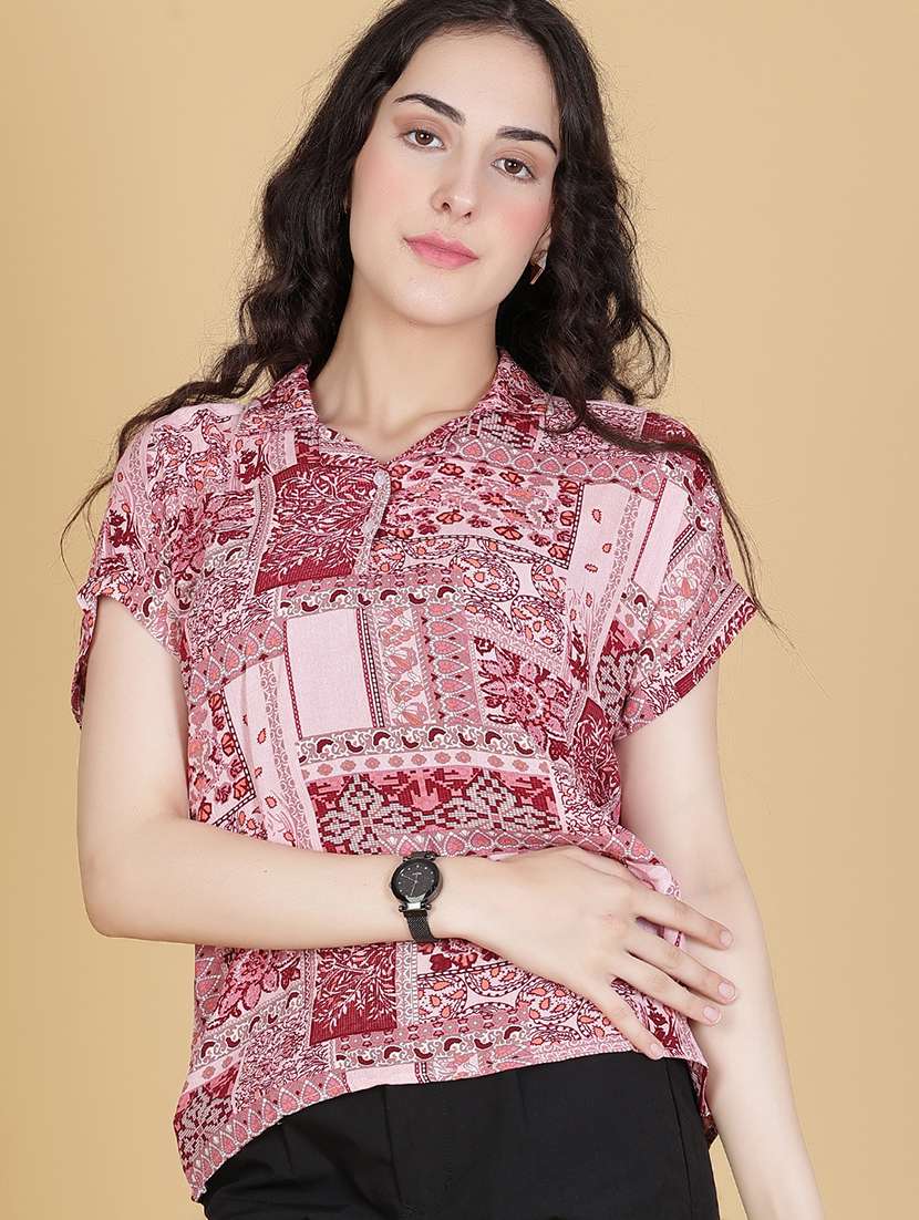 women printed collared regular top