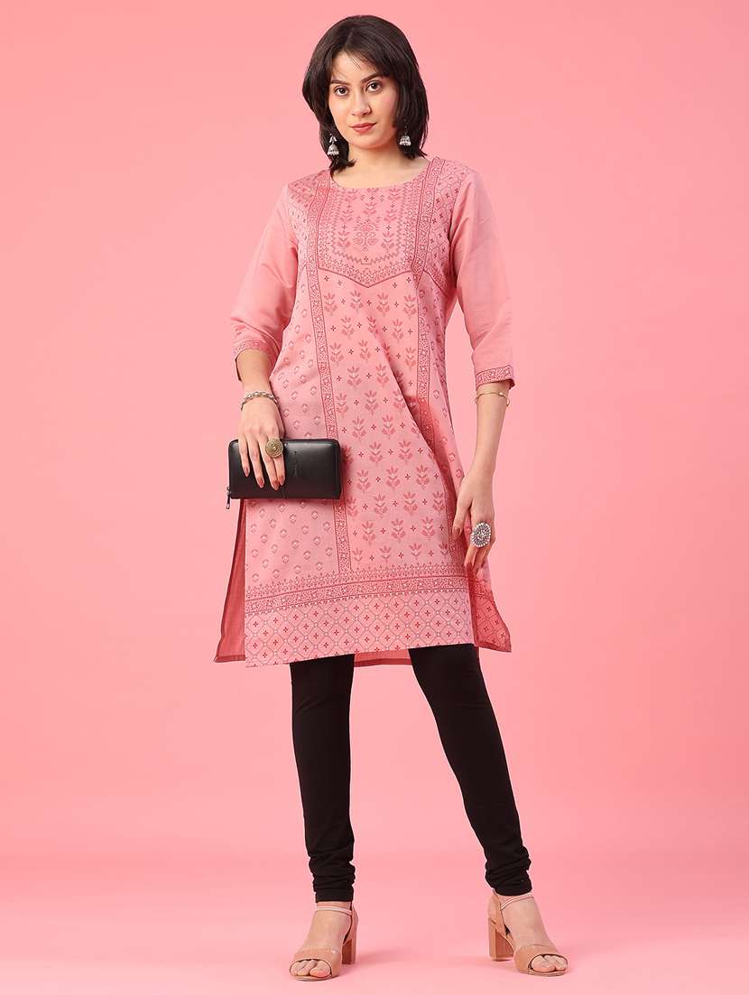 women printed three quarter sleeve straight kurta