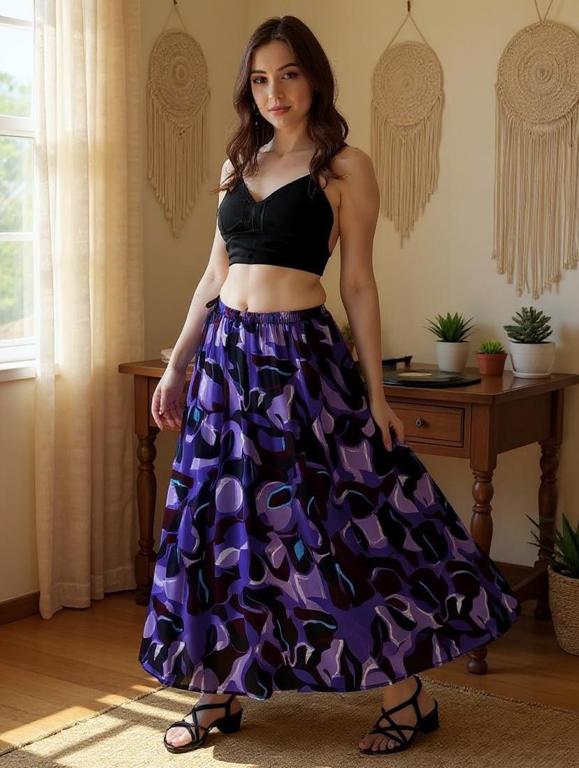 women printed mid rise flared maxi skirt - 21962948 - Zoom Image - 0