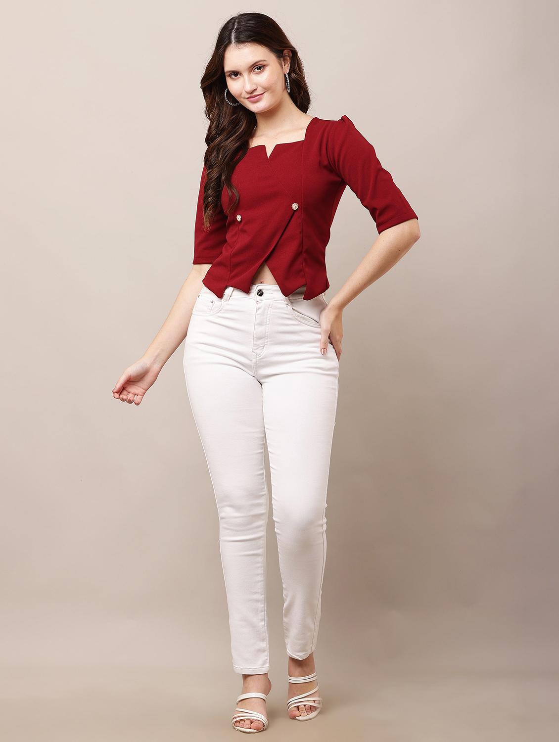 women maroon solid puff sleeve crop top - 21963307 - Standard Image - 5