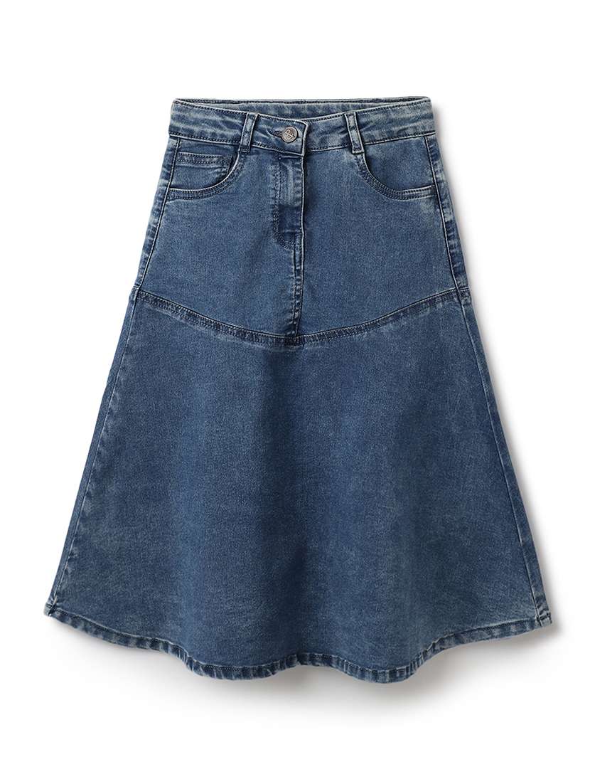 girls solid mid rise denim a-line skirt