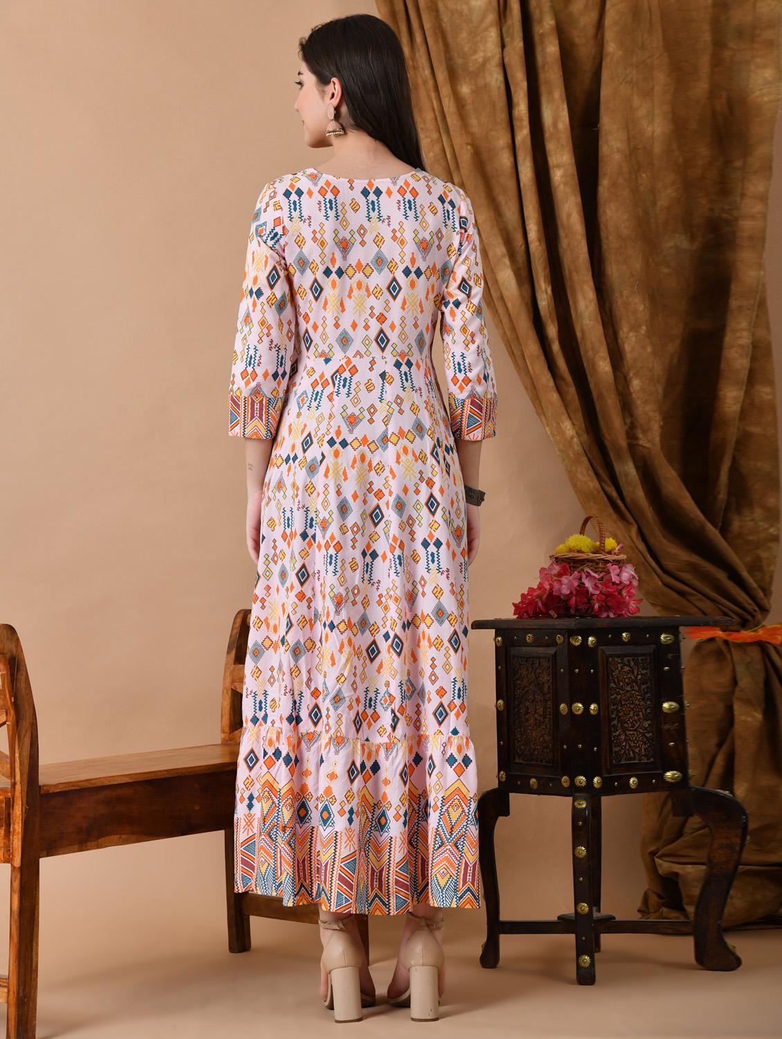 women printed three quarter sleeve ethnic dress - 21963327 - Standard Image - 3