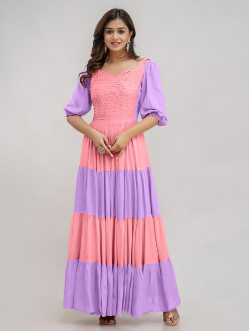 women color block puff sleeve tiered dress - 21963329 - Standard Image - 0