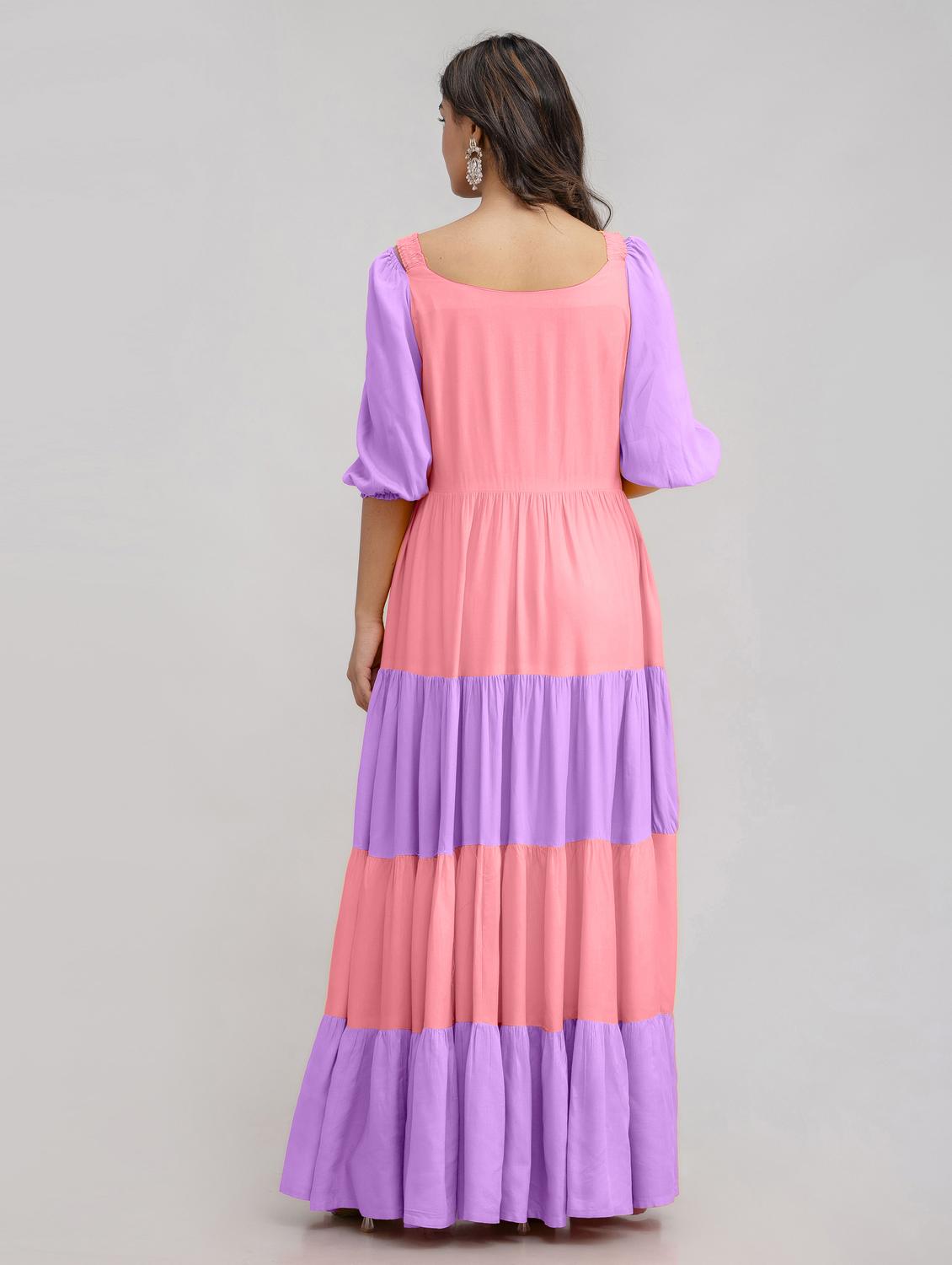 women color block puff sleeve tiered dress - 21963329 - Standard Image - 3