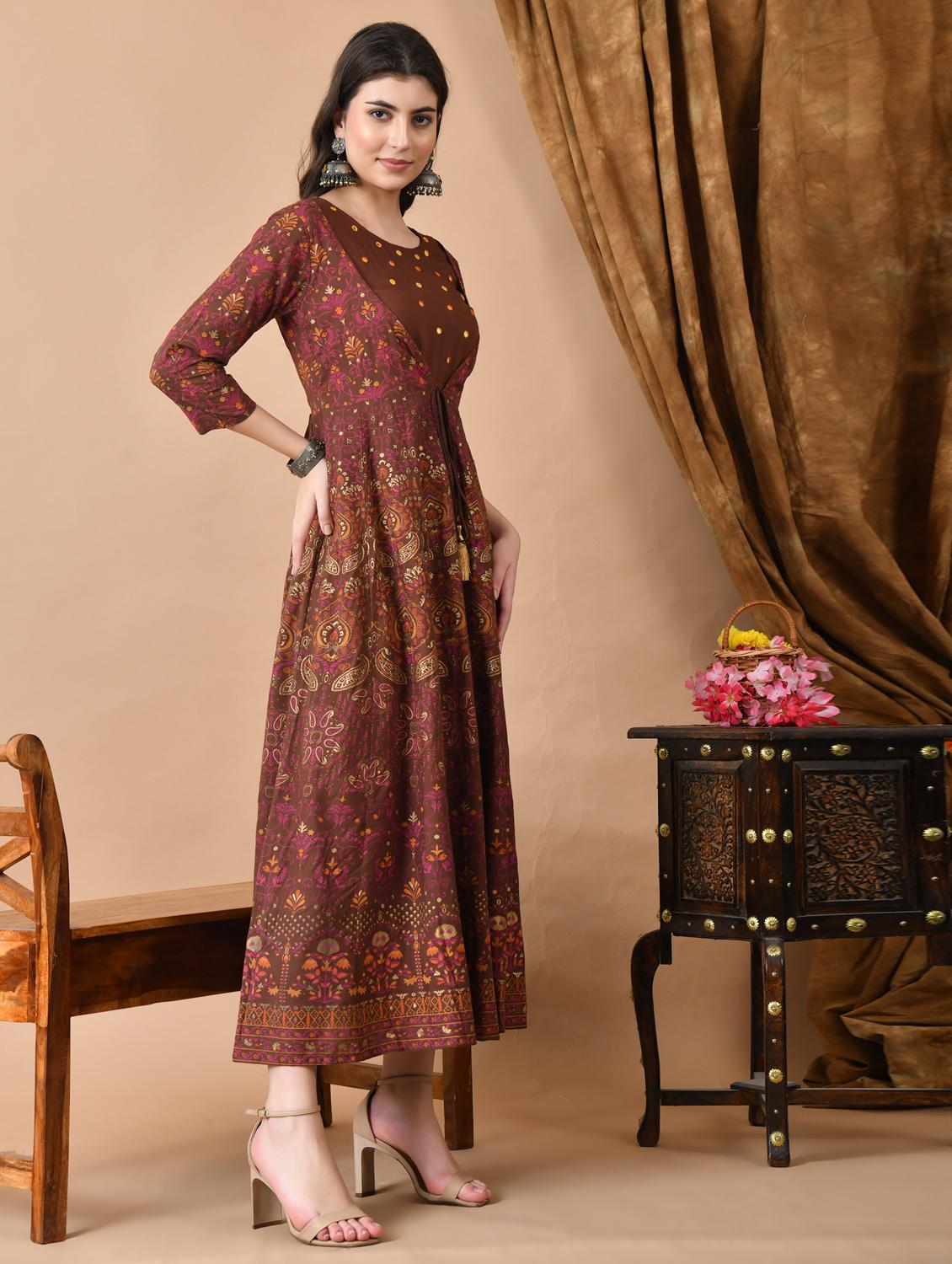 women printed three quarter sleeve ethnic dress - 21963330 - Standard Image - 3