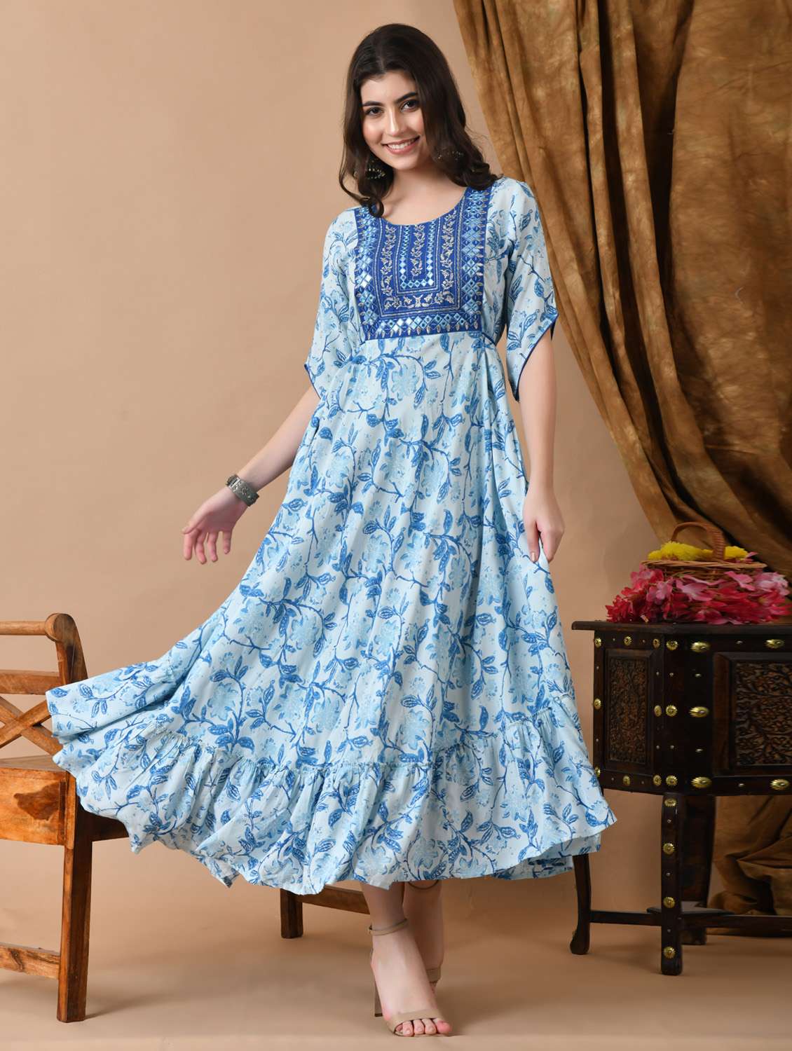 women floral printed three quarter sleeve ethnic dress - 21963334 - Zoom Image - 0