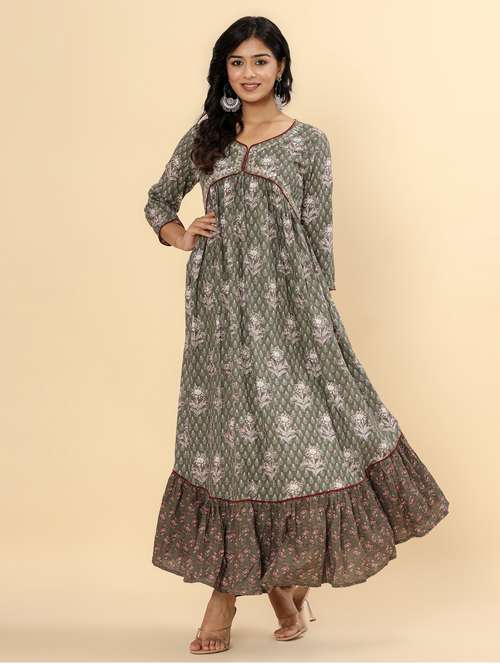 women printed three quarter sleeve ethnic dress - 21963335 - Standard Image - 0