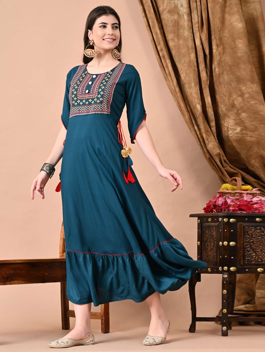 women embroidered elbow length sleeve ethnic dress