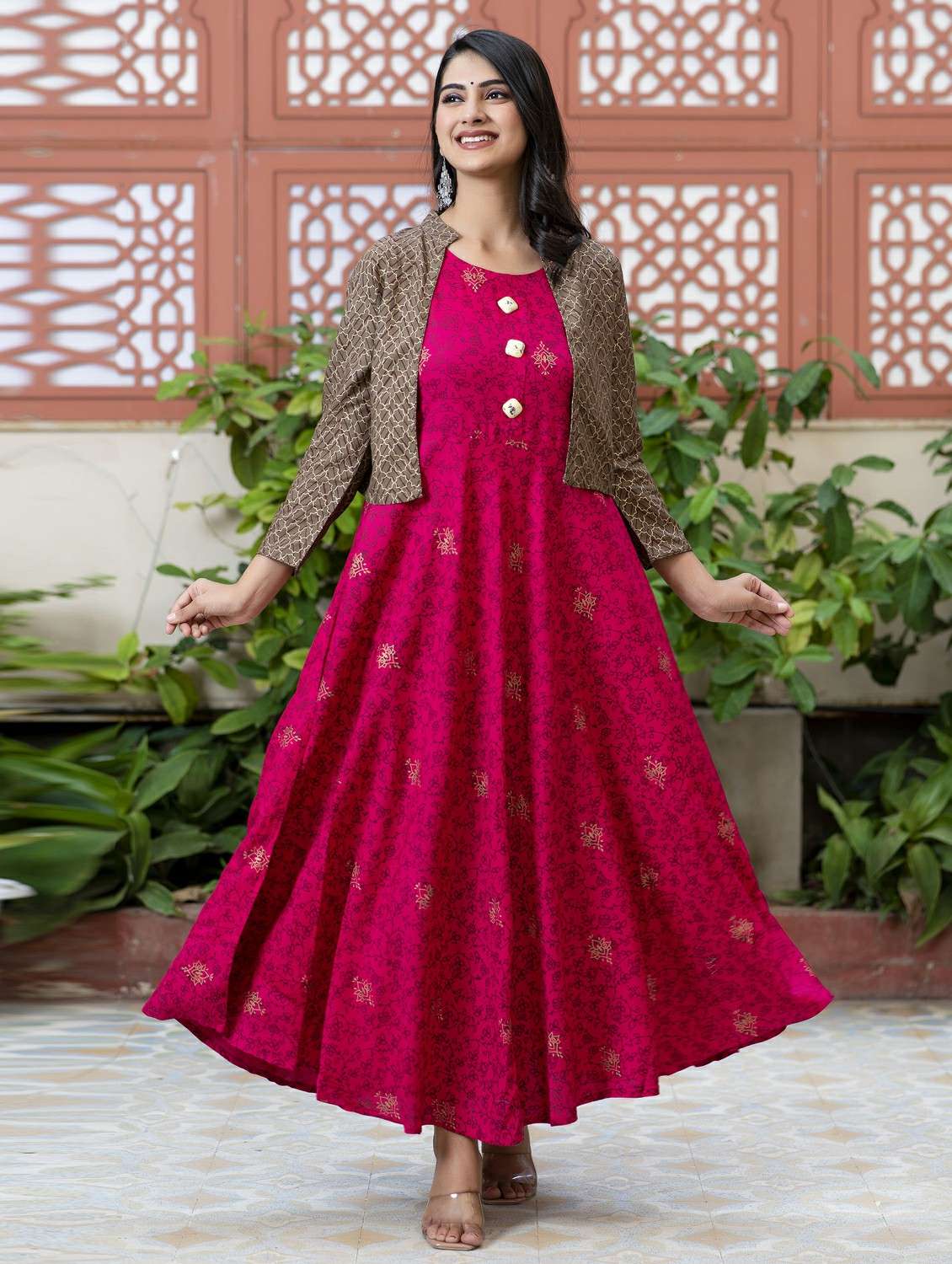 women floral printed three quarter sleeve ethnic dress