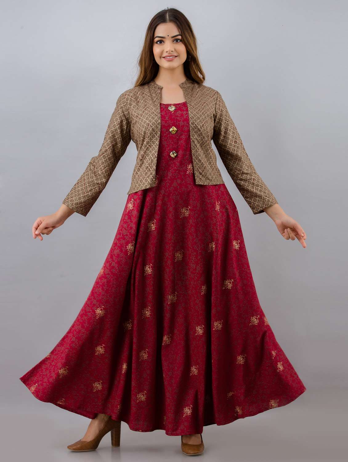 women floral printed three quarter sleeve ethnic dress - 21963339 - Zoom Image - 0